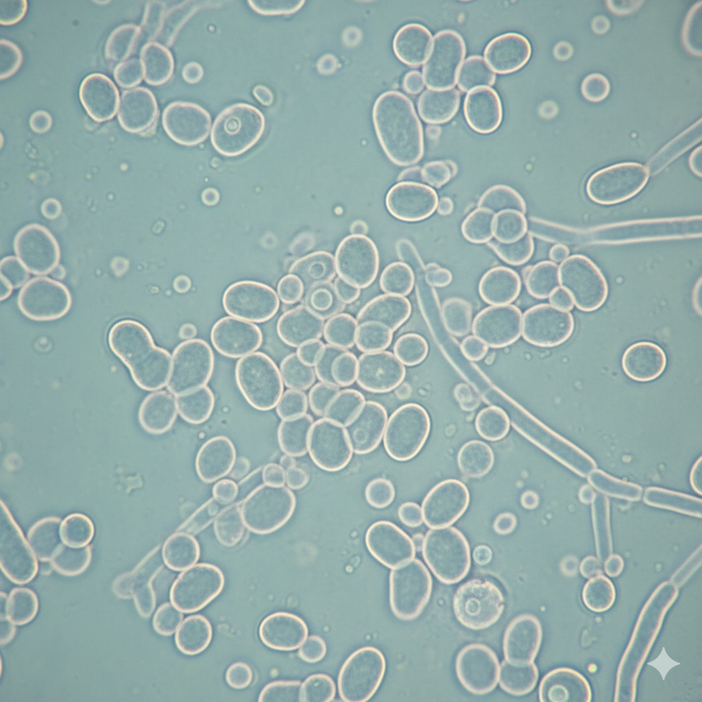 O fungo Malassezia, causador da Tinea Versicolor, é uma levedura (fungo unicelular) que frequentemente aparece como células em forma de garrafa ou bola de boliche.