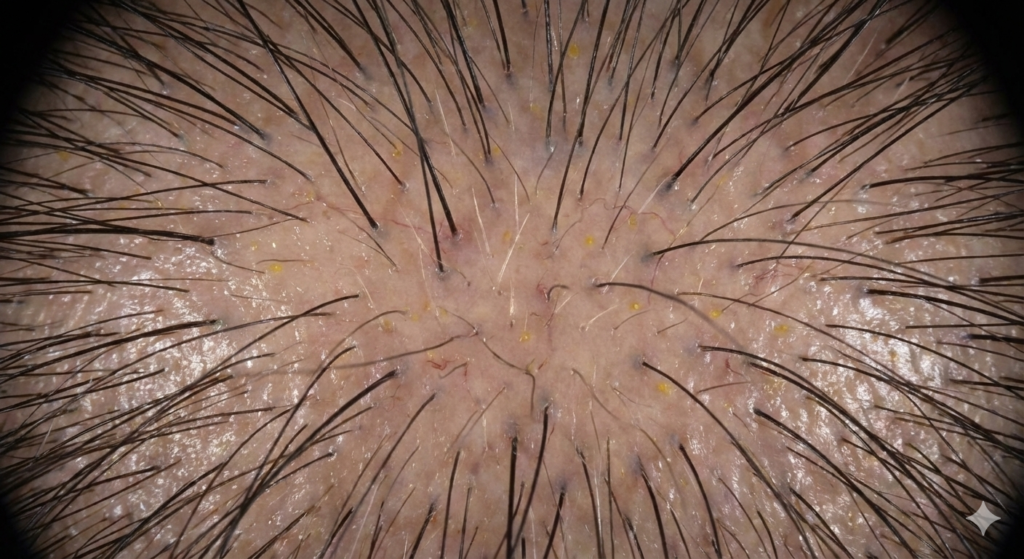 A tricoscopia é um exame de imagem de alta resolução que identifica a miniaturização folicular e a porcentagem de fios atrofiados. Ela revela sinais clínicos como pontos amarelos e inflamações, sendo essencial para diagnosticar a Alopécia androgenética precocemente. Além disso, permite ao especialista monitorar com precisão a eficácia dos tratamentos ao longo do tempo.