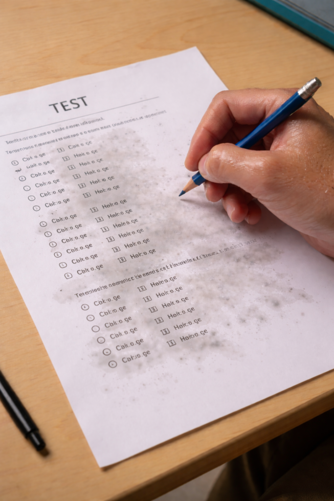 Para adolescentes com hiperidrose palmar, o excesso de suor nas mãos transforma tarefas simples em grandes desafios escolares. Durante as provas, a umidade constante pode encharcar o papel, borrar a tinta da caneta e tornar a escrita ilegível, causando frustração e constrangimento. Além do dano físico ao material, o medo de estragar o exame gera uma ansiedade que intensifica ainda mais o suor. Esse ciclo prejudica o desempenho acadêmico e pode levar o jovem a evitar atividades em grupo ou apresentações.