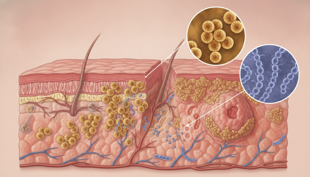 Causas do impetigo e proliferação bacteriana na pele Na maioria dos casos, o diagnóstico do Impetigo é feito apenas pelo exame clínico realizado pelo dermatologista, sem necessidade de biópsia. Quando a biópsia é realizada em situações especiais, ela costuma mostrar uma bolha logo abaixo da camada mais superficial da pele, rica em neutrófilos e bactérias.