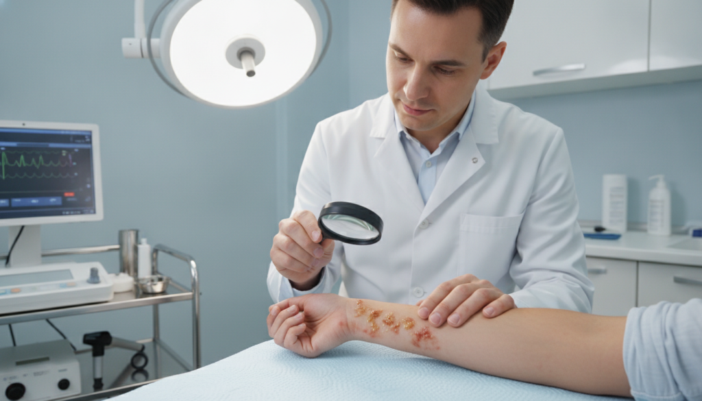 Diagnóstico do Impetigo Na grande maioria dos casos, o diagnóstico do Impetigo é clínico, ou seja, feito pelo dermatologista apenas por meio da avaliação das lesões na pele. Exames complementares raramente são necessários, sendo reservados para casos atípicos ou quando há dúvida em relação ao diagnóstico.
