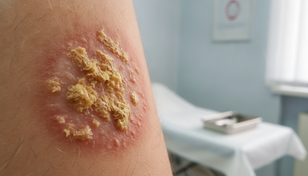 Impetigo Uma das características mais conhecidas do Impetigo são as crostas amareladas, que lembram a cor do mel. Esse aspecto é bastante típico e ajuda o dermatologista a reconhecer a doença.