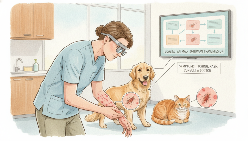 escabiose Apesar do que muitas pessoas imaginam, a escabiose dificilmente é adquirida de cães, gatos ou outros animais. Na maioria dos casos, a transmissão ocorre pelo contato direto e prolongado com outra pessoa infestada.